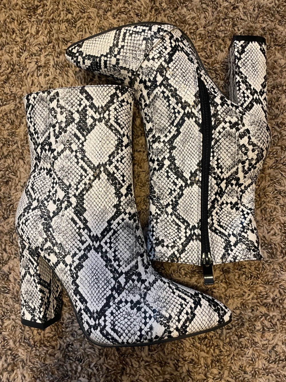 Women’s Snake-Print Block Heel Ankle Boots - White/Black